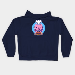 Cute Pig Chef Eating Beef Steak Cartoon Kids Hoodie